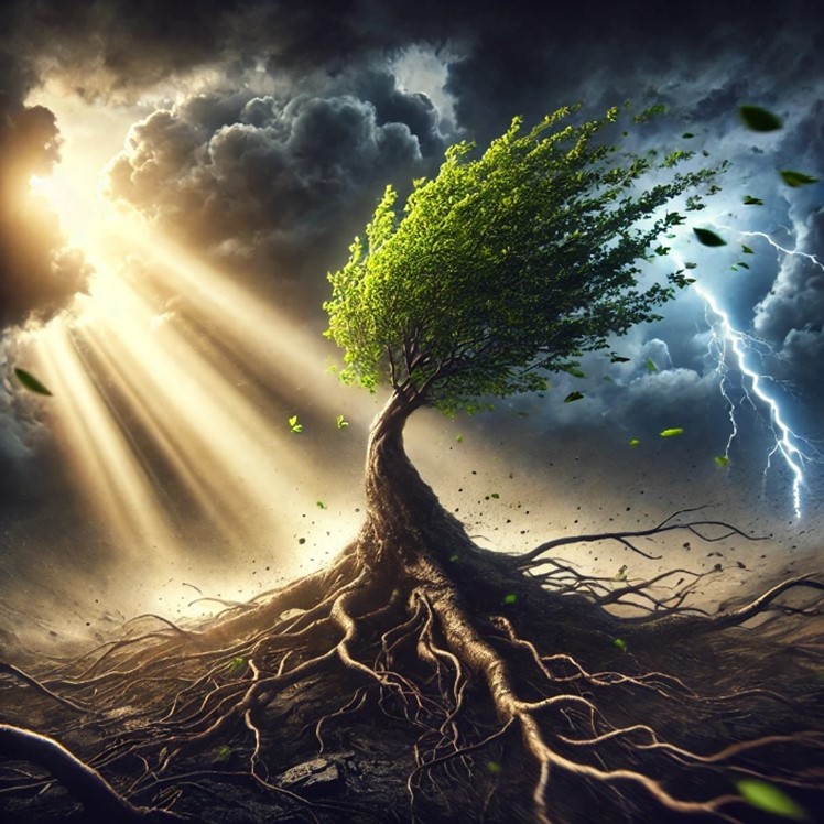 Single tree in full leaf with exposed roots leaning in heavy gales against a stormy sky with lightening and sunbeams to demonstrate resilience in asset management